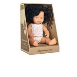 Miniland 38cm Caucasian Girl Black Curly Hair, Dressed, Boxed