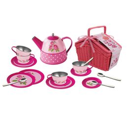 Kaper Kidz Rose Tin Tea Set In Picnic Basket 18pc