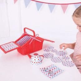 Bigjigs Spotted Tin Tea Set In Basket