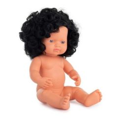 Miniland 38cm Caucasian Girl Naked, Black Curly Hair (d)