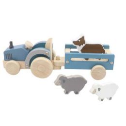 Kaper Kidz Wooden Tractor With Farm Animal with Sheep Dog Blue (d)